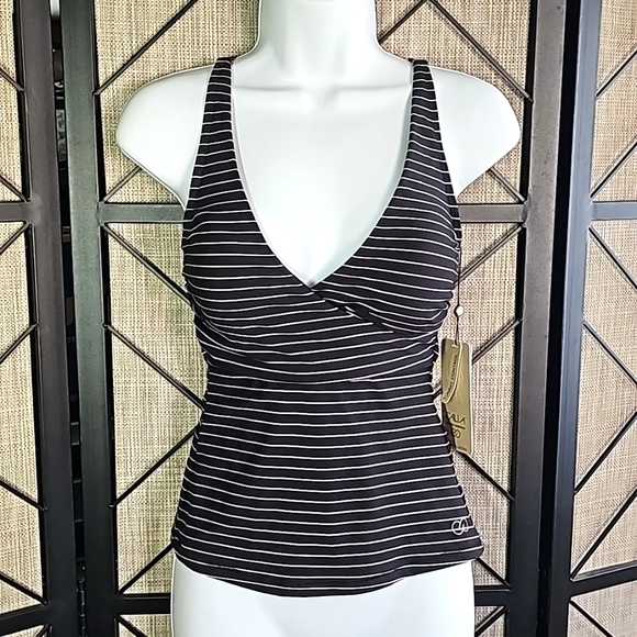 CALIA by Carrie Underwood Wrap Front Tankini Peyote/Pure Black Stripe | XS - Picture 1 of 6